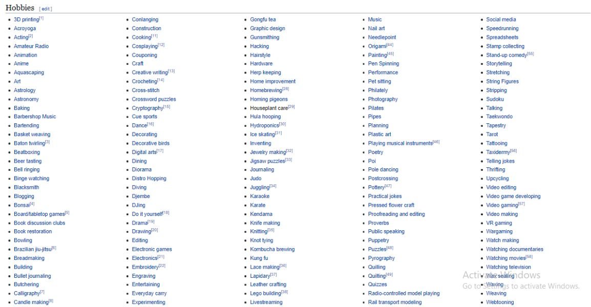 list of hobbies